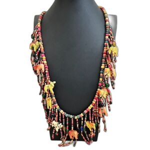 Vintage African Tribal Animal Painted Wood Bead Statement Necklace